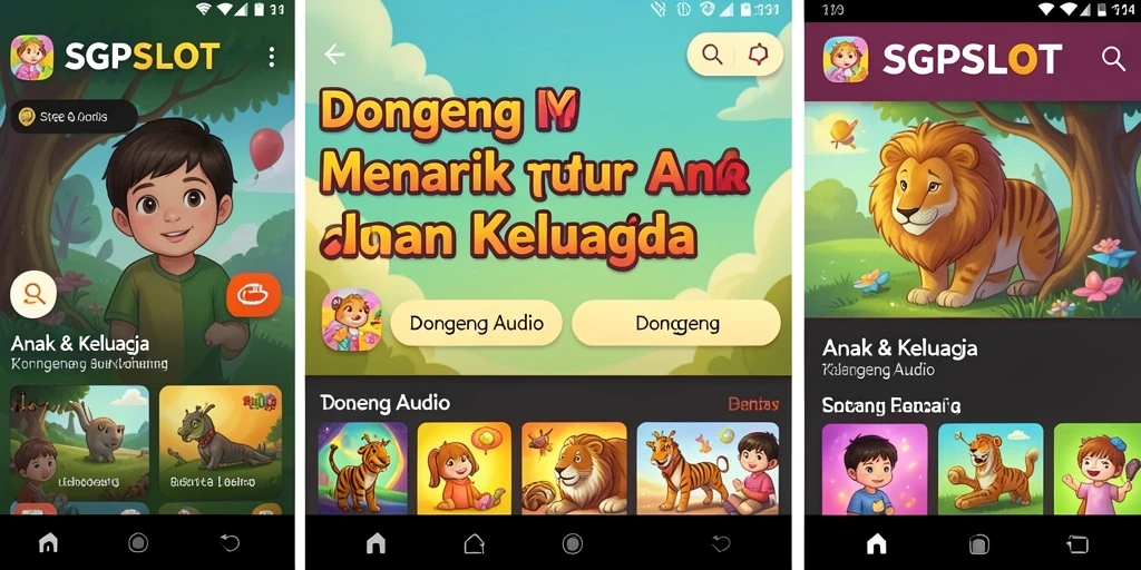 Tampilan antarmuka aplikasi SGPSLOT menampilkan berbagai pilihan dongeng audio.